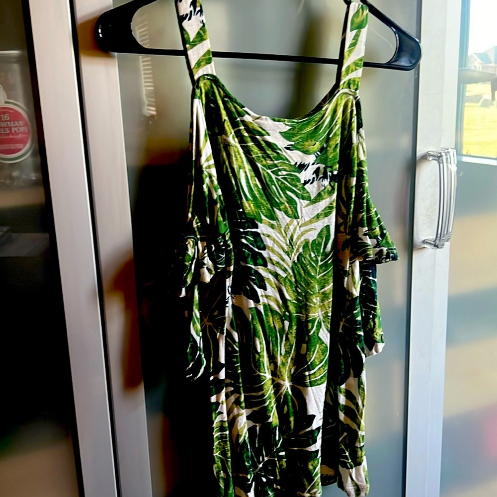 INC size small open shoulder, green and white top